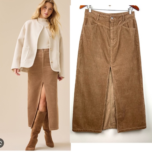 Altar'd State Dresses & Skirts - NWT Altar’d State Gabrielle corduroy midi slit skirt size L in taupe 100% cotton